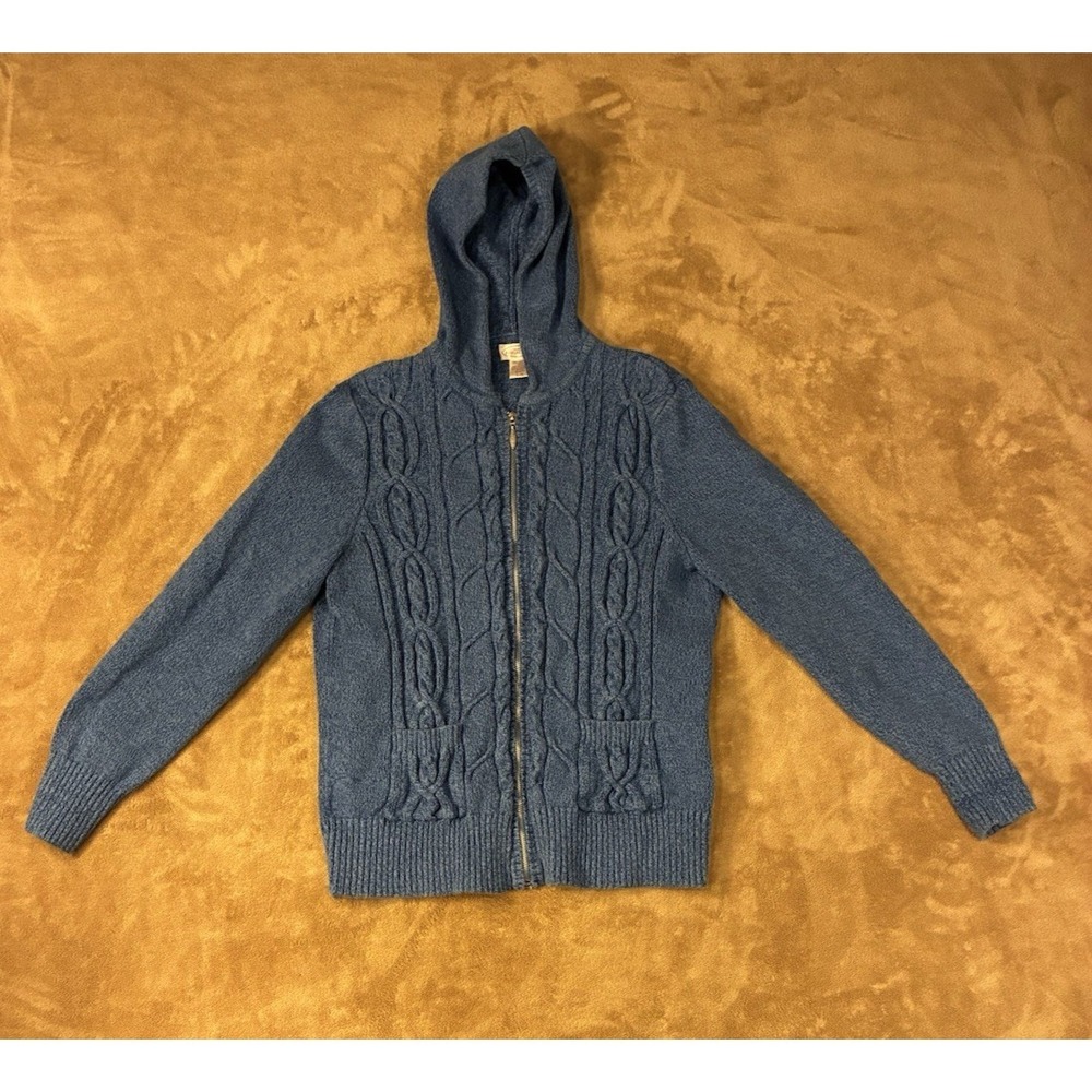 VTG Northern Reflections Blue Cable Knit Full Zip Hoodie Sweater Womens Large
